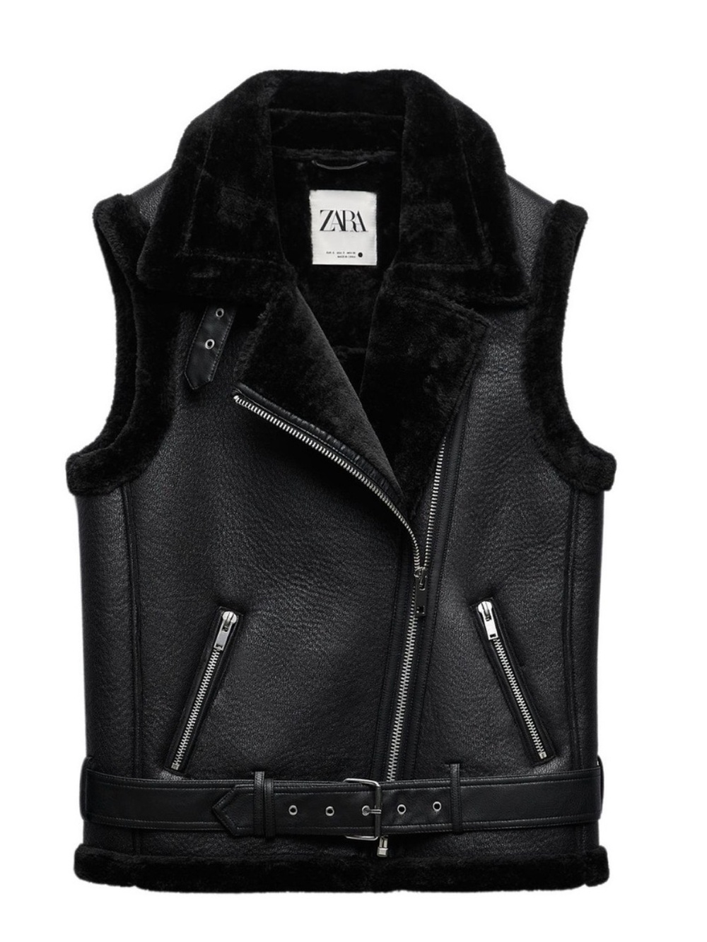 Zara Black Faux Shearling Moto Vest with Belt